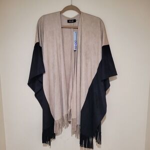 Do + Be Fringe Sweater Shawl Poncho Western Beige Black One Size Overcoat Women